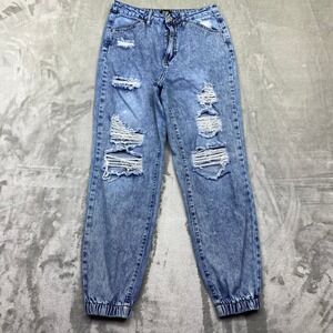 Simple Society Acid Wash Denim Jogger Jeans Distressed Ripped Blue Sz 5 Fits 26"
